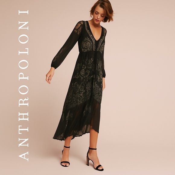 🏷️ NWT Anthropologie Black Embroidered V-Neck Maxi Dress   Size Small - Picture 1 of 12